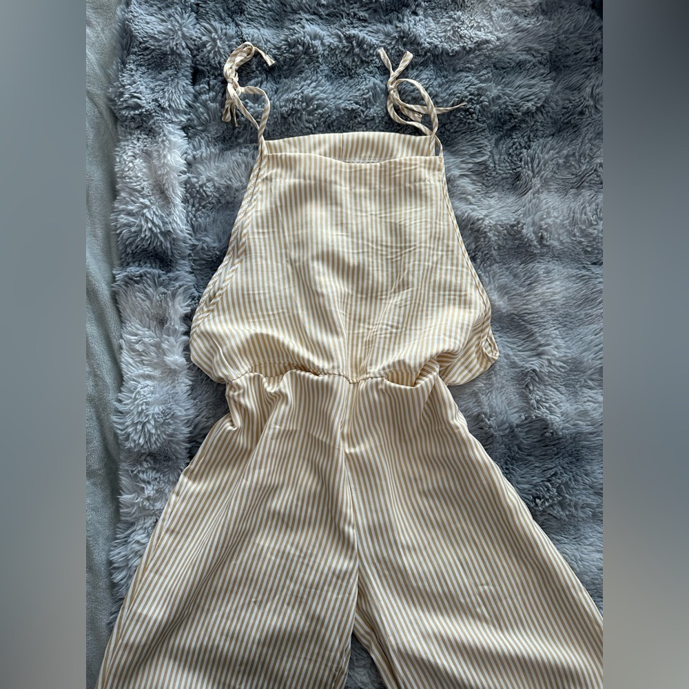 Striped Yellow and White Tie-Strap Cotton Spring Summer Overalls with Pockets!